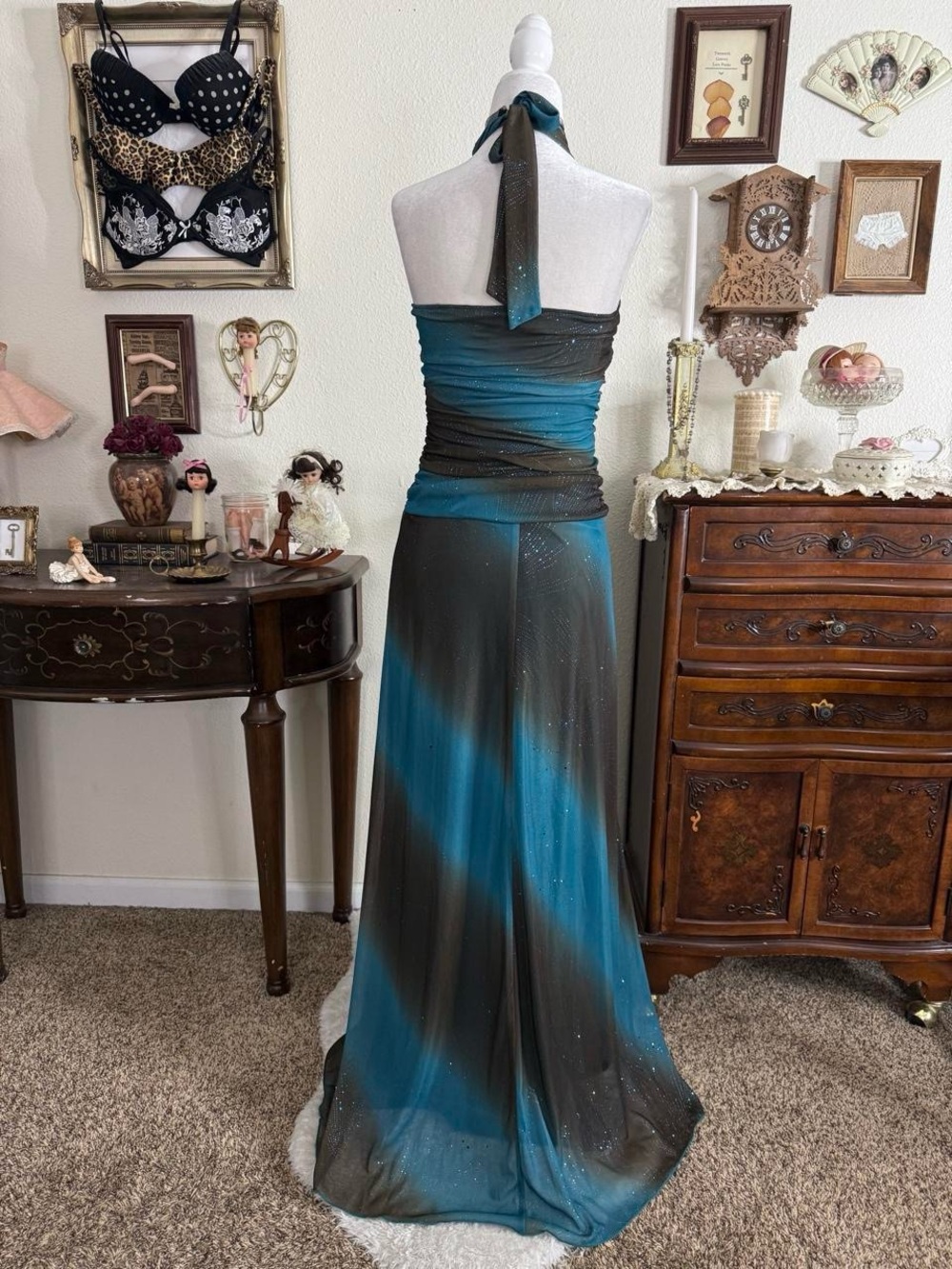 Y2k whimsical fairy grunge brown and teal blue sparkly glitter mesh halter maxi - Picture 4 of 6